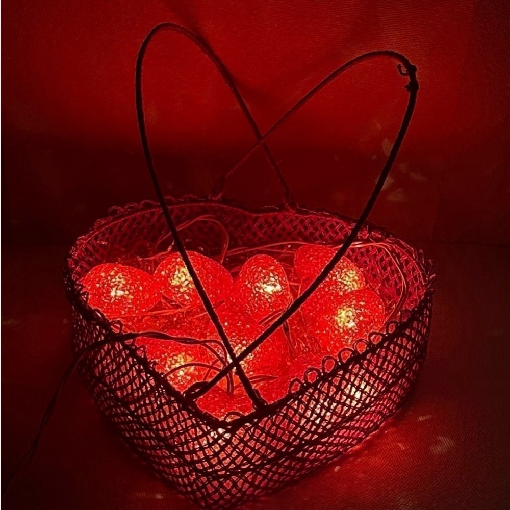 Vintage Valentine’s Decor Set: Large Heart Basket, Tinsel, Heart String Lights